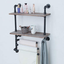 Load image into Gallery viewer, Amazon industrial towel rack with 3 towel bar 24in rustic bathroom shelves wall mounted 2 tiered farmhouse black pipe shelving wood shelf metal floating shelves towel holder iron distressed shelf over toilet