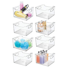 Load image into Gallery viewer, Explore mdesign plastic bathroom vanity storage bin box with handles deep organizer for hand soap body wash shampoo lotion conditioner hand towel hair brush mouthwash 10 long 8 pack clear