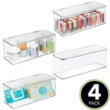 Load image into Gallery viewer, Shop here mdesign makeup storage organizer box for bathroom vanity countertops drawers holds beauty blenders eyeshadow palettes lipstick lip gloss makeup brushes hinged lid 13 4 long 4 pack clear