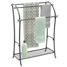 Load image into Gallery viewer, Buy now mdesign large freestanding towel rack holder with storage shelf 3 tier metal organizer for bath hand towels washcloths bathroom accessories black brushed steel