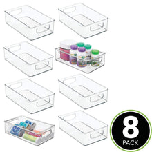 Load image into Gallery viewer, Top mdesign stackable plastic storage organizer container bin with handles for bathroom holds vitamins pills supplements essential oils medical supplies first aid supplies 3 high 8 pack clear