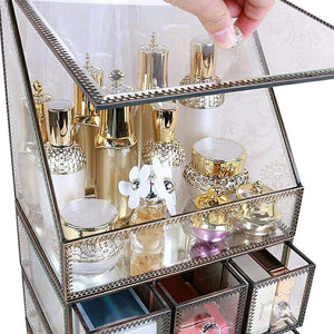 Storage hersoo large cosmetics makeup organizer transparent bathroom accessories storage glass display with slanted front open lid cosmetic stackable holder for makeup brushes perfumes skincare