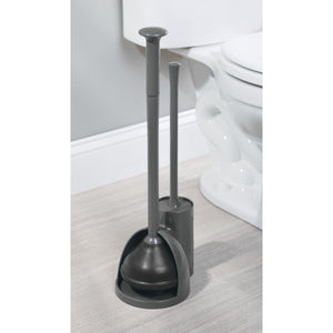 Featured mdesign modern slim compact freestanding plastic toilet bowl brush cleaner and plunger combo set kit with holder caddy for bathroom storage and organization covered lid brush 2 pack charcoal gray