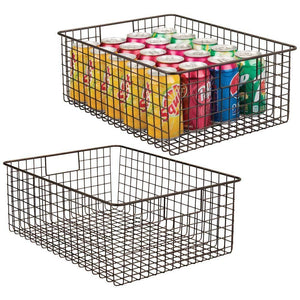 Budget mdesign farmhouse decor metal wire food organizer storage bin baskets with handles for kitchen cabinets pantry bathroom laundry room closets garage 2 pack bronze