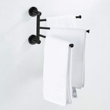Load image into Gallery viewer, Get towel rack bathroom swivel towel bar 3 multi fold able arms rotation organizer swing towel shelf space saving hanger kitchen hand towel holder wall mount stainless rubber matte black marmolux