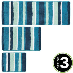 Buy now mdesign soft microfiber polyester spa rugs for bathroom vanity tub shower water absorbent machine washable plush non slip rectangular accent rug mat striped design set of 3 sizes teal blue