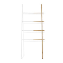Load image into Gallery viewer, Top umbra hub ladder adjustable clothing rack for bedroom or freestanding towel rack for bathroom expands from 16 to 24 inches with 4 notched hooks white natural