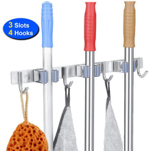 Load image into Gallery viewer, Shop here mop broom holder wall mounted 3 position 4 hooks saving space storage rack stainless steel tool holder ideal utility racks for room kitchen bathroom garden garage offices light grey
