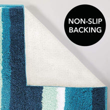 Load image into Gallery viewer, Budget friendly mdesign soft microfiber polyester spa rugs for bathroom vanity tub shower water absorbent machine washable plush non slip rectangular accent rug mat striped design set of 3 sizes teal blue