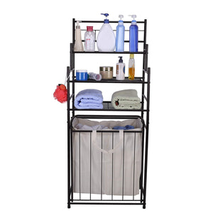 Exclusive mythinglogic laundry hamper with 3 tier storage shelves bathroom tower storage organizer with dual compartment removeable hamper for bathroom laundry room closet nursery oil rubbed bronze