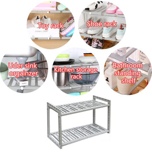 Budget friendly yomym under cabinet sink organizer 2 tier expandable shelf organizer rack for bathroom pantry or kitchen storage cabinets organization and storage adjustable shelves in heavy duty plastic and metal