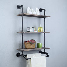 Load image into Gallery viewer, Save industrial bathroom shelves wall mounted with 2 towel bar 24in rustic pipe shelving 3 tiered wood shelf black farmhouse towel rack metal floating shelves towel holder iron distressed shelf over toilet