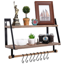 Load image into Gallery viewer, On amazon kakivan 2 tier floating shelves wall mount for kitchen spice rack with 8 hooks storage rustic farmhouse wood wall shelf for bathroom decor with towel bar