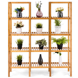 Heavy duty costway bamboo utility shelf bathroom rack plant display stand 5 tier storage organizer rack cube w several cell closet storage cabinet 12 pots