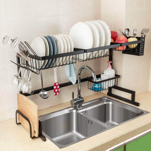 iPEGTOP Over the Sink Stainless Steel Dish Drying Rack - Large Dish Drainers for Kitchen Double Sink, Dishes Utensils Glasses Draining Shelf Storage Counter Organizer Cutlery Holder, Black