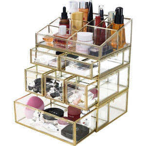 Try hersoo large mirror glass top dresser make up organizer jewelry cosmetic display stackable cube 6 drawers set dresser storage for vanity with lid bathroom accessories brushes container 3drawerg